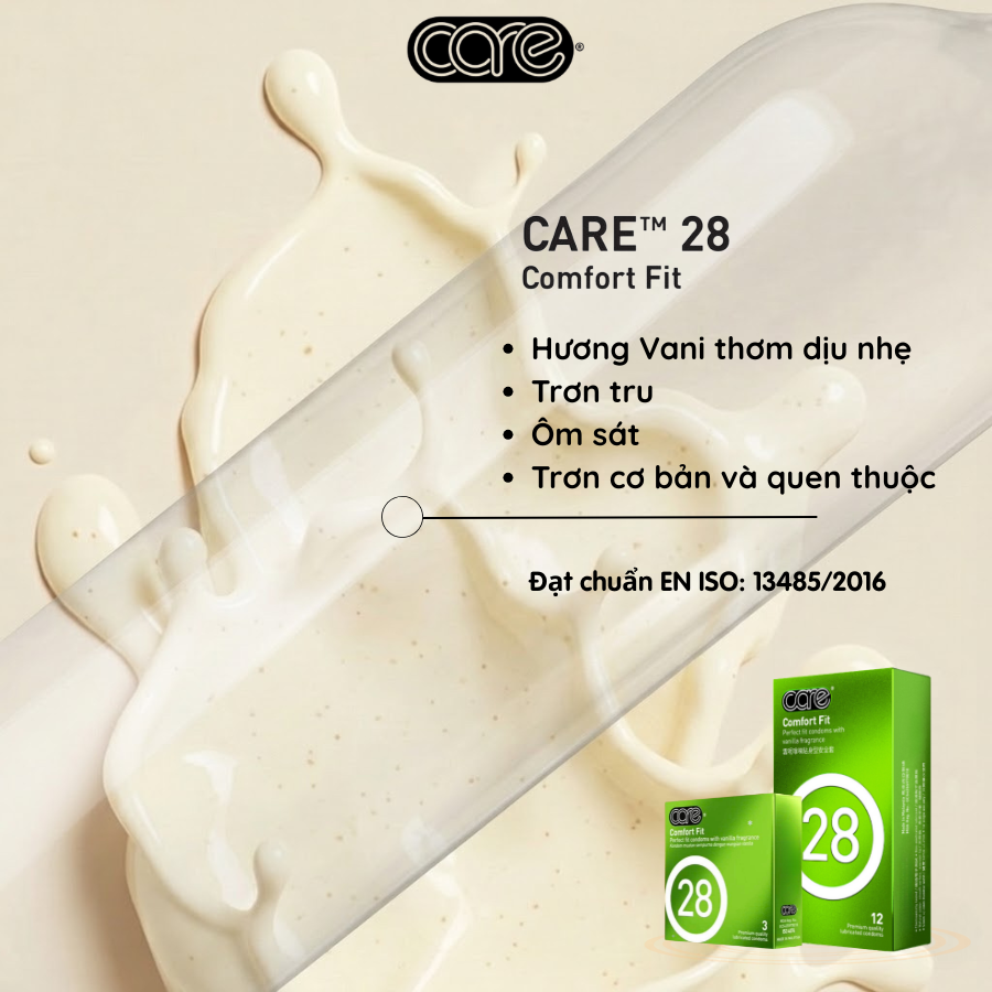 Alternative view of Bao cao su CARE 28 mỏng trơn ôm sát hương Vani - Hộp 12 bcs