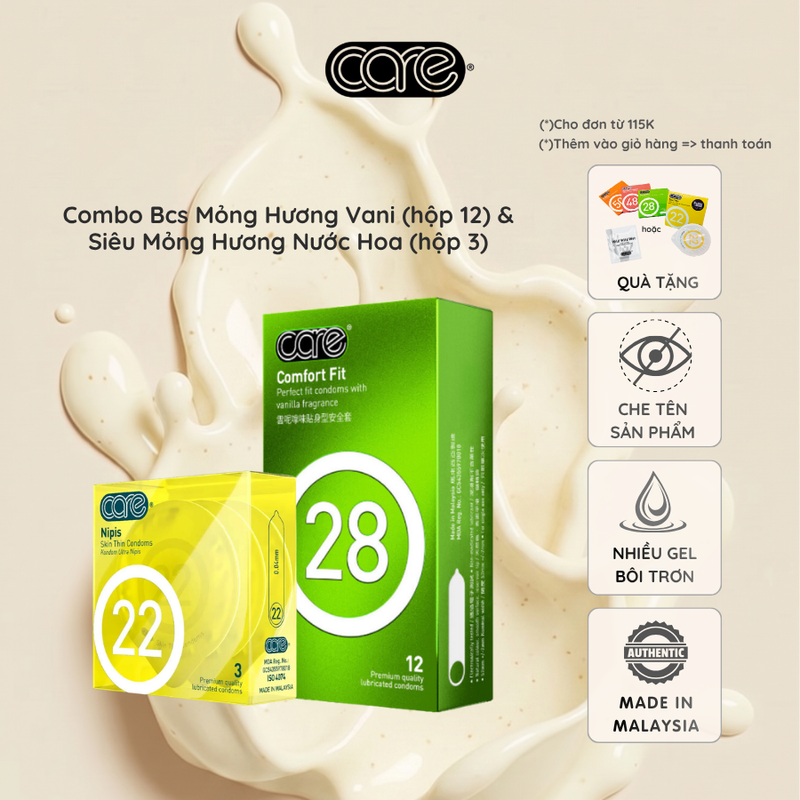 Combo bcs siêu mỏng Care 22 3 bcs và bao cao su trơn mỏng care 28