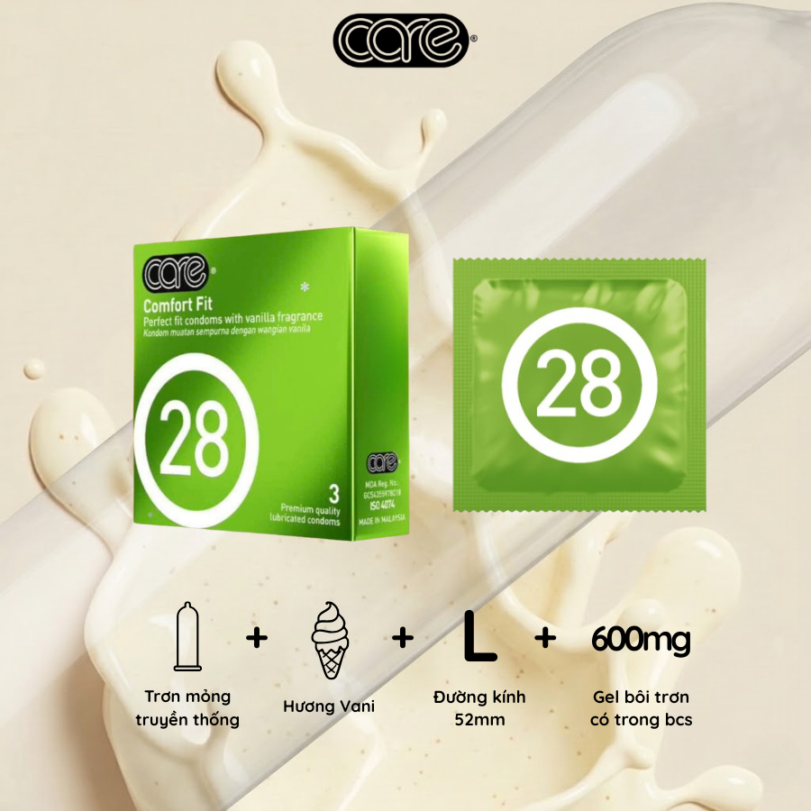 Alternative view of Bao cao su mỏng trơn ôm sát CARE 28 hương Vani - Hộp 3 bcs