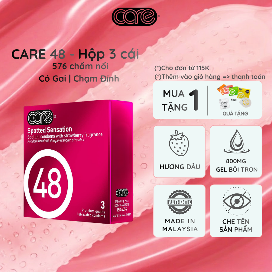 bao cao su- bcs- siêu mỏng trơn carelatex care 48 có gai hương dâu (1)