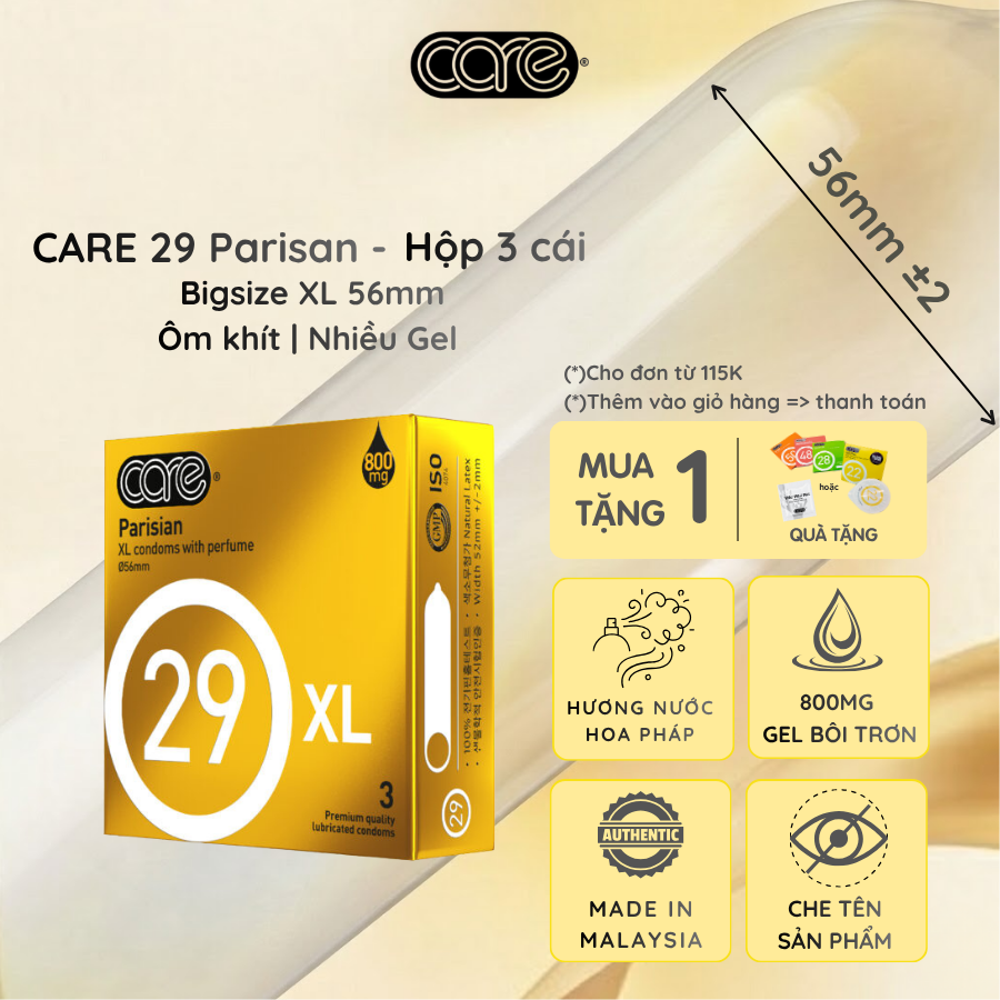 bao cao su size to,bcs 55mm - 56mm CARE 29 bcs big size hương nước hoa, nhiều gel, kéo dài thời gian (1)